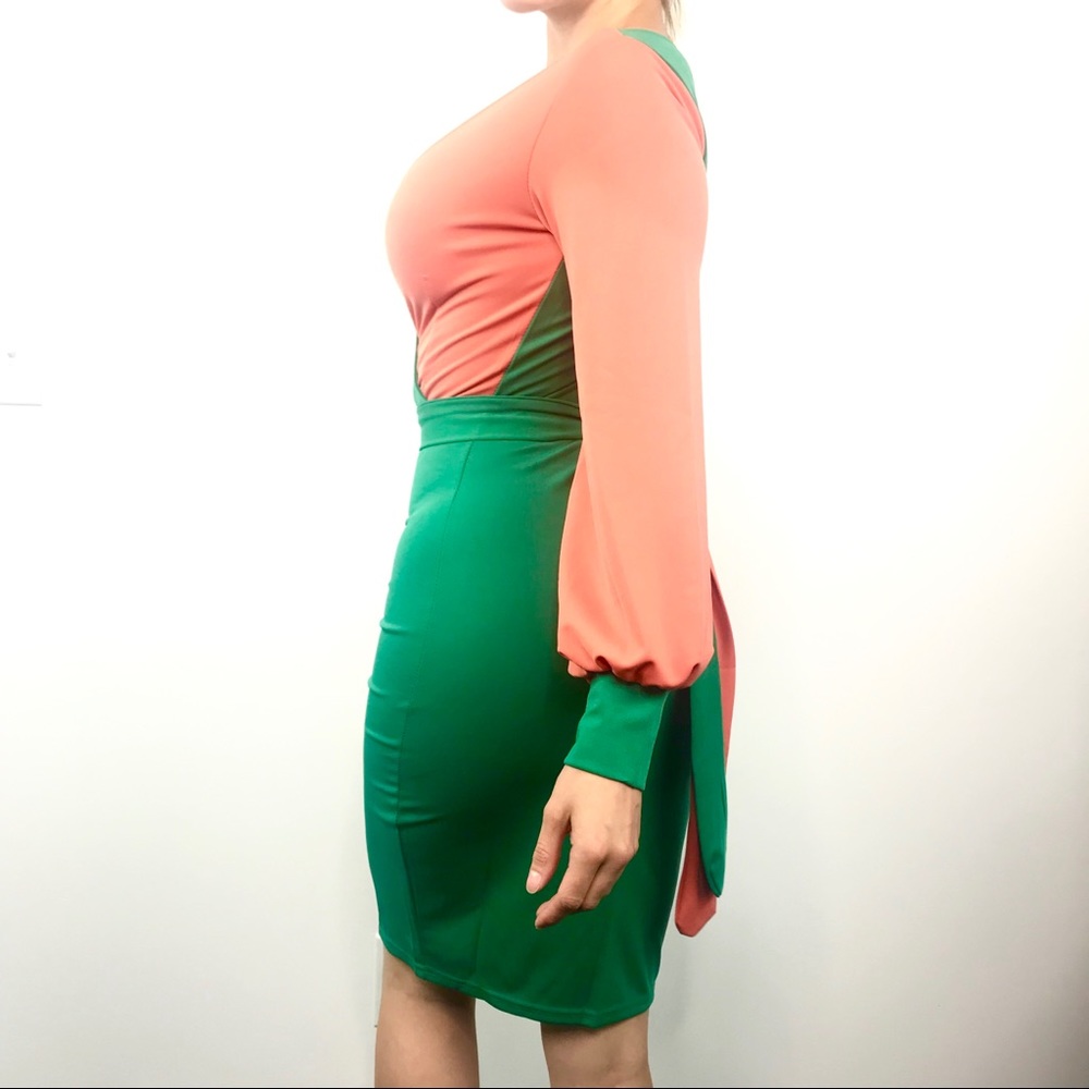 NWT Womens Green Orange V Neck Waist Belt Dress - Picture 3 of 4
